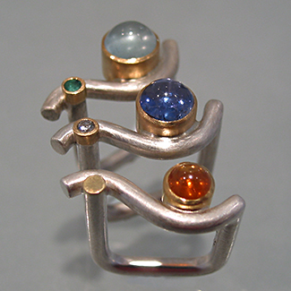 Ringe: Silber, Gold, Mandaringranat, Tansanit mit Brillant, Aquamarin mit Smaragd